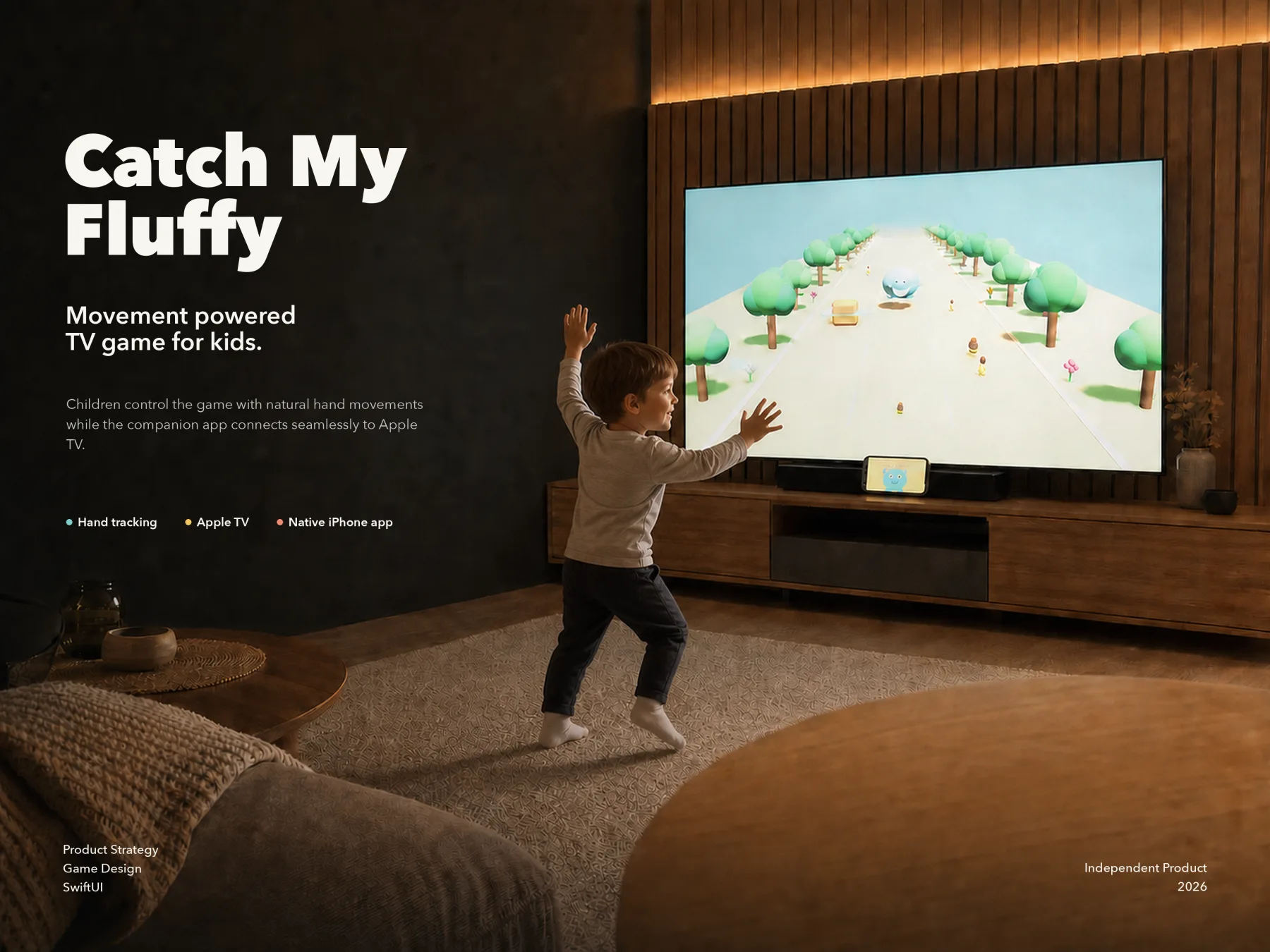 A child playing Catch My Fluffy with hand movements in front of a television