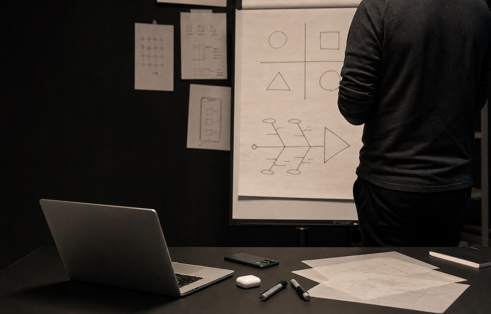 A professional reviewing a SWOT structure and a fishbone diagram without showing their face